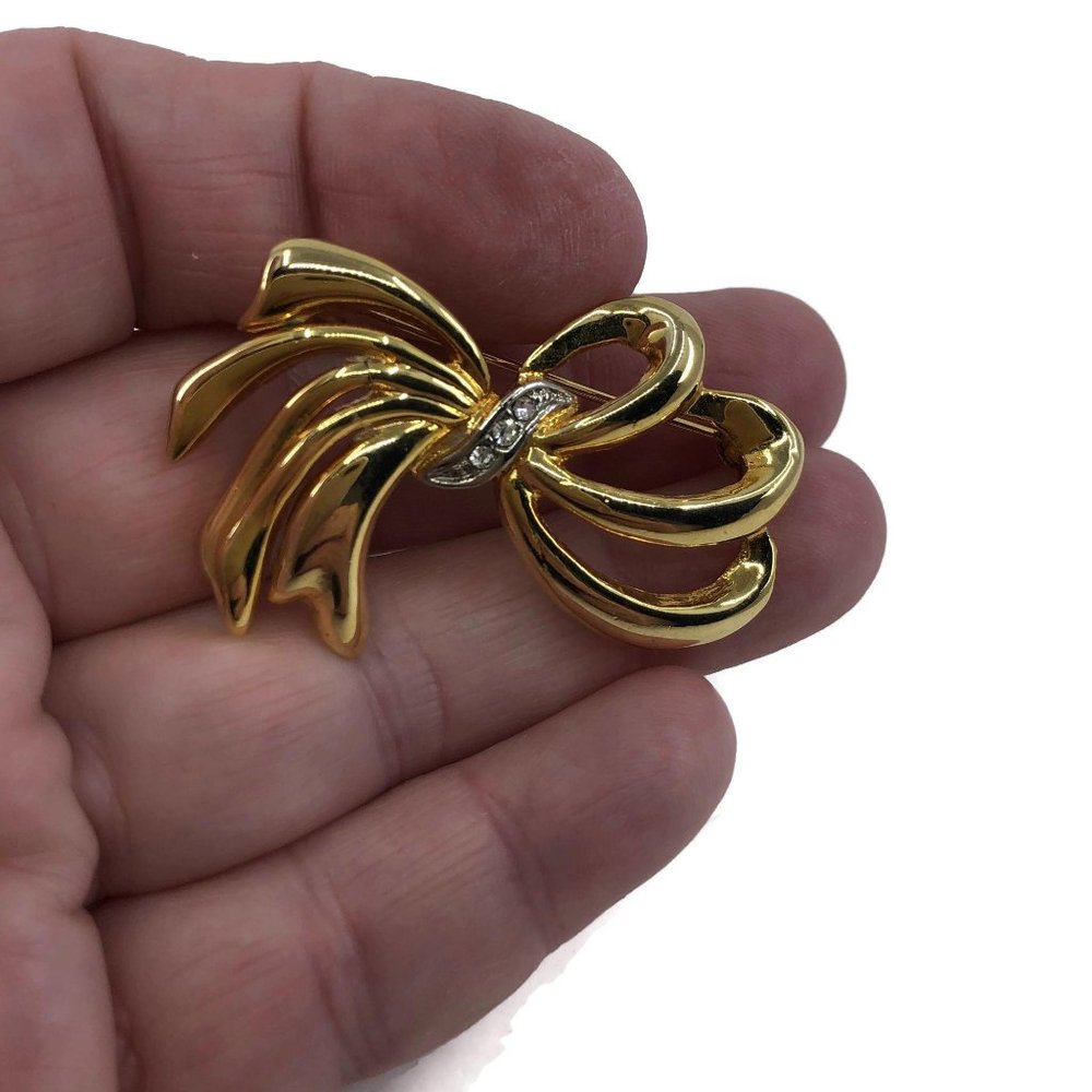 Gold Tone Ribbon Brooch with Rhinestones - Picture 6 of 6